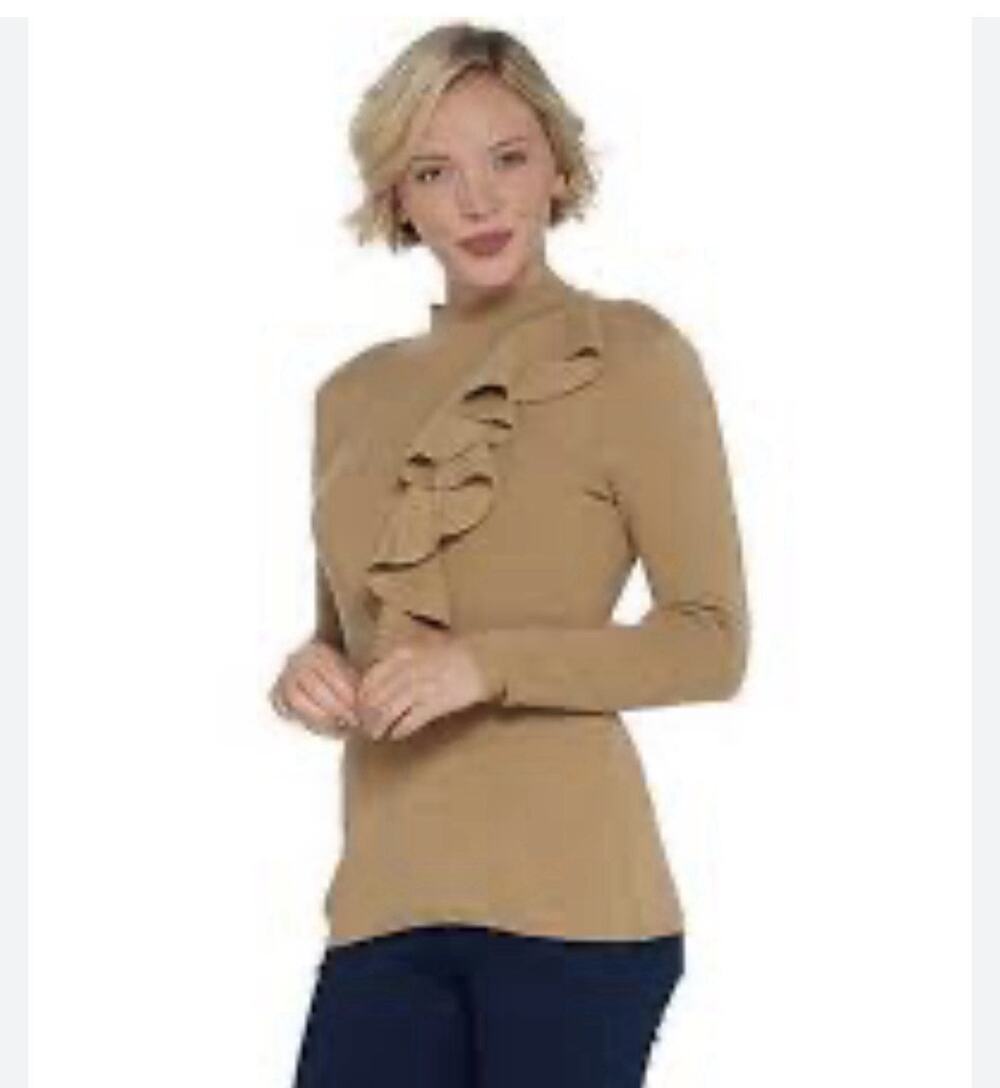 Quiet Luxury Tan Ruffle Knit sweater Mock Neck M Feminine Timeless Neutral
